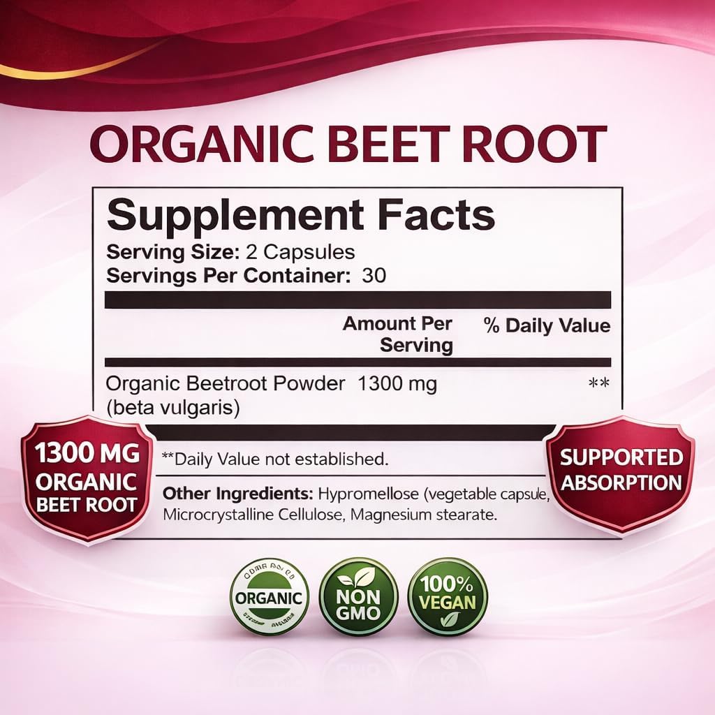 Organic Beet Root Capsules, 1300mg - 60 Capsules J39440