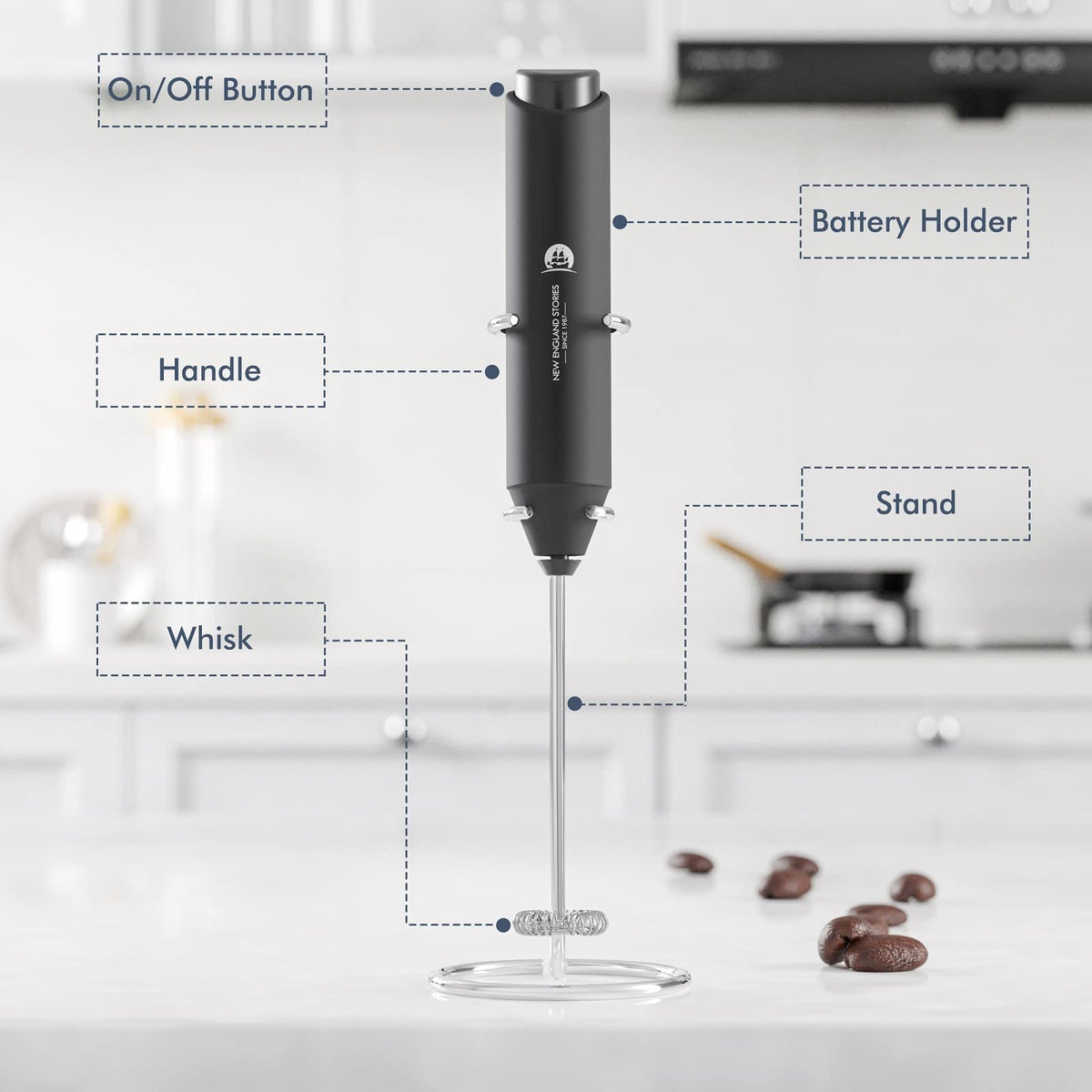 Black Handheld Milk Frother with Stand I850521