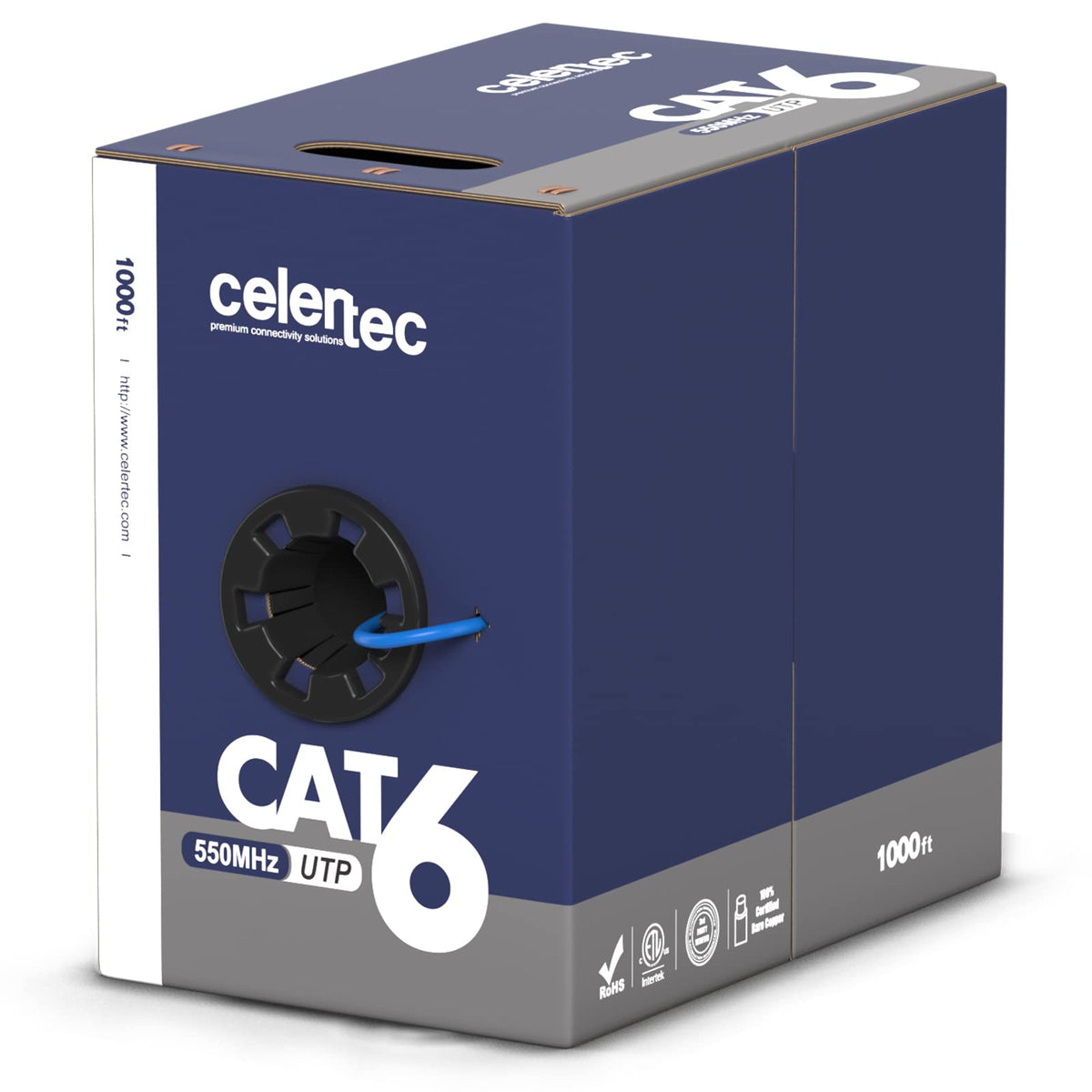 CAT6 Ethernet Cable, 1000ft, 23AWG Solid Bare Copper, UTP, Indoor, Blue Z1461