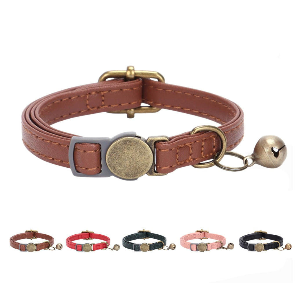 Leather Cat Collar with Bell Breakaway Adjustable Brown B772670