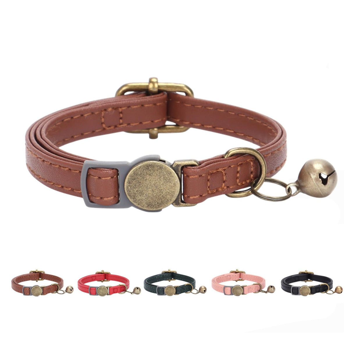 Leather Cat Collar with Bell Breakaway Adjustable Brown B772670