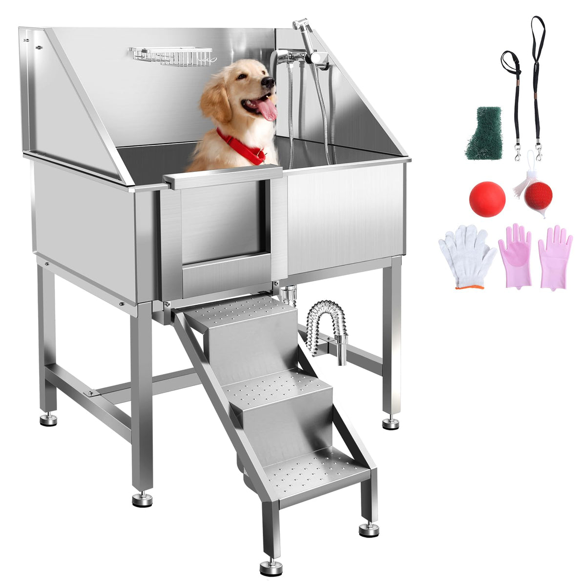 38" Stainless Steel Dog Washing Station with Stairs, Drain & Door T783