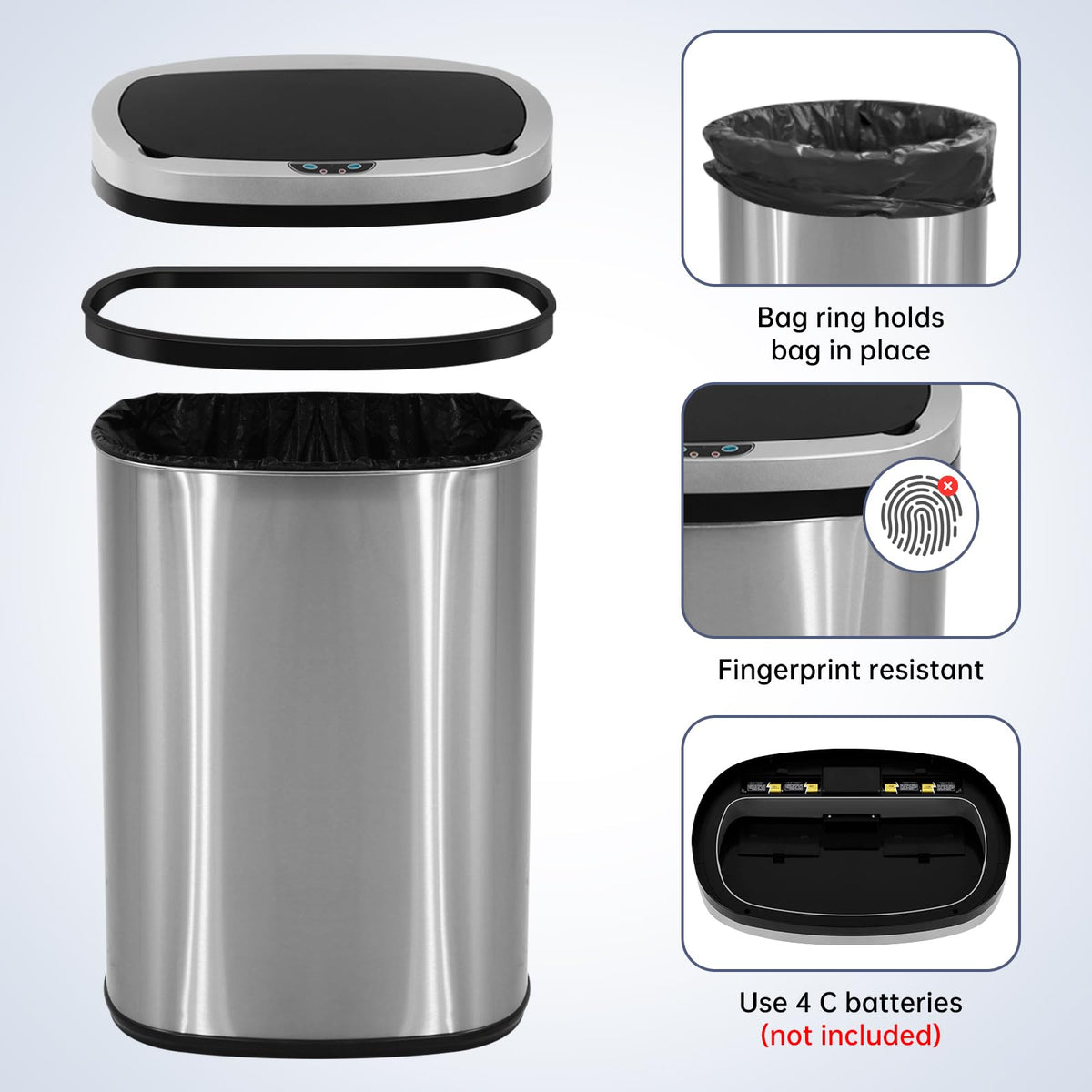 13 Gallon Touch-Free Motion Sensor Stainless-Steel Trash Can E95520