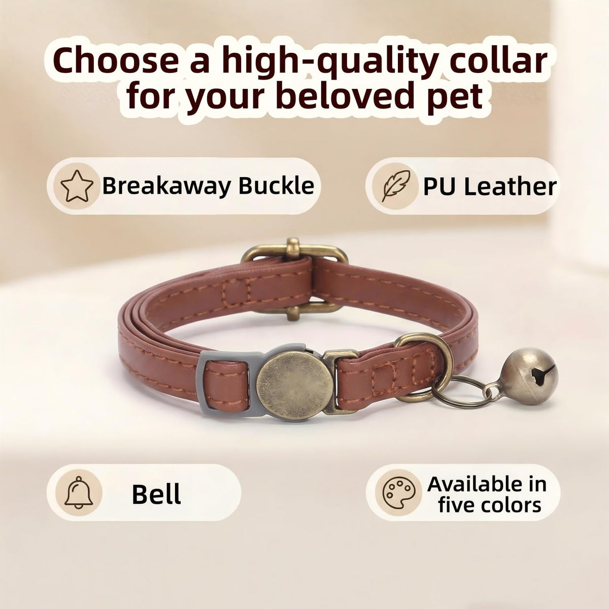 Leather Cat Collar with Bell Breakaway Adjustable Brown B772670