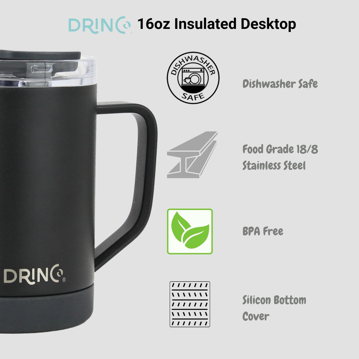 16 oz Black Vacuum Insulated Stainless Steel Travel Mug with Lid V569667