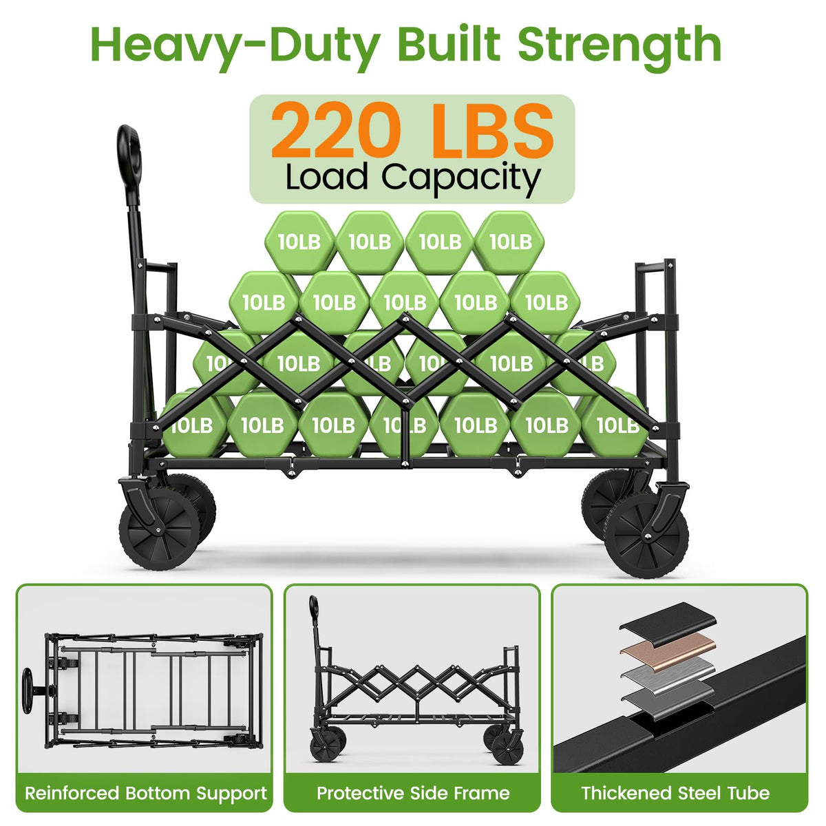 35" Extra Long Folding Wagon with Adjustable Handle & Wheels, Black T7816