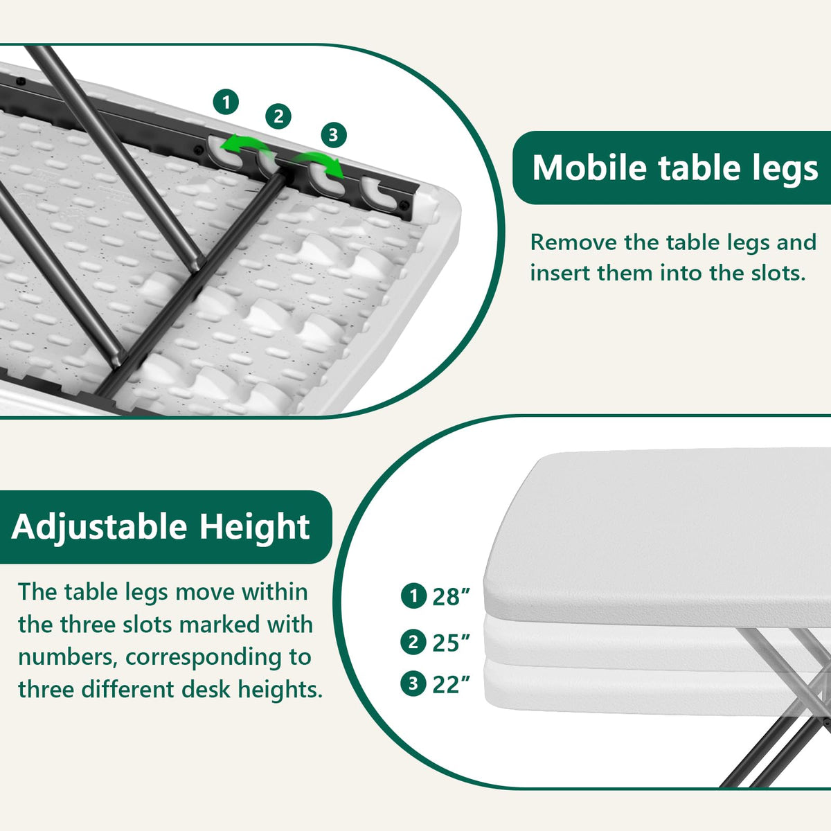 Folding Table 30 Inch Adjustable Height White Granite B64868