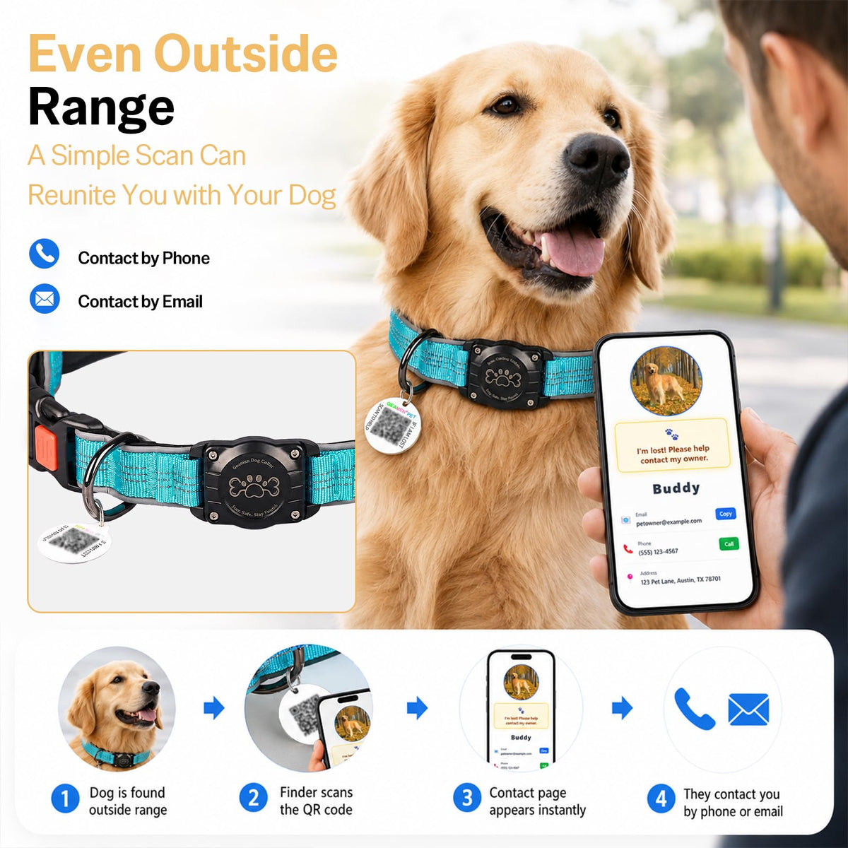 Blue IP68 Waterproof Reflective Dog Collar with AirTag Holder D298