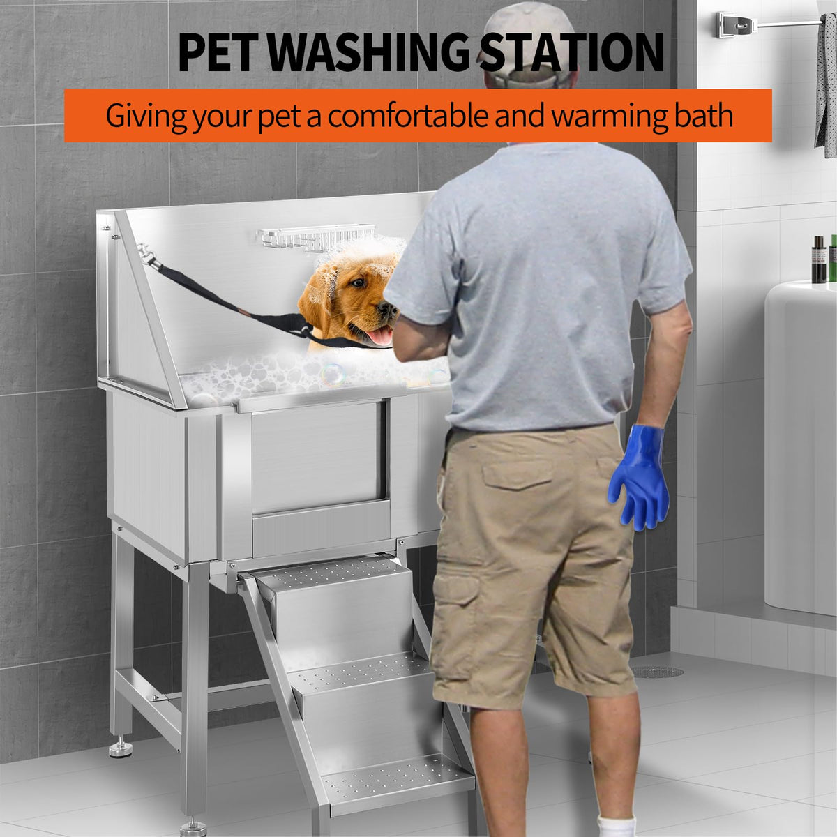 38" Stainless Steel Dog Washing Station with Stairs, Drain & Door T783