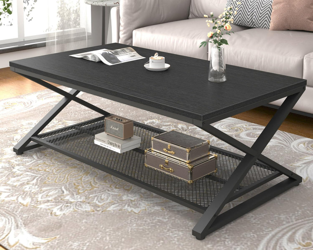 Black 2 Tier Wood Coffee Table with Storage Q46522