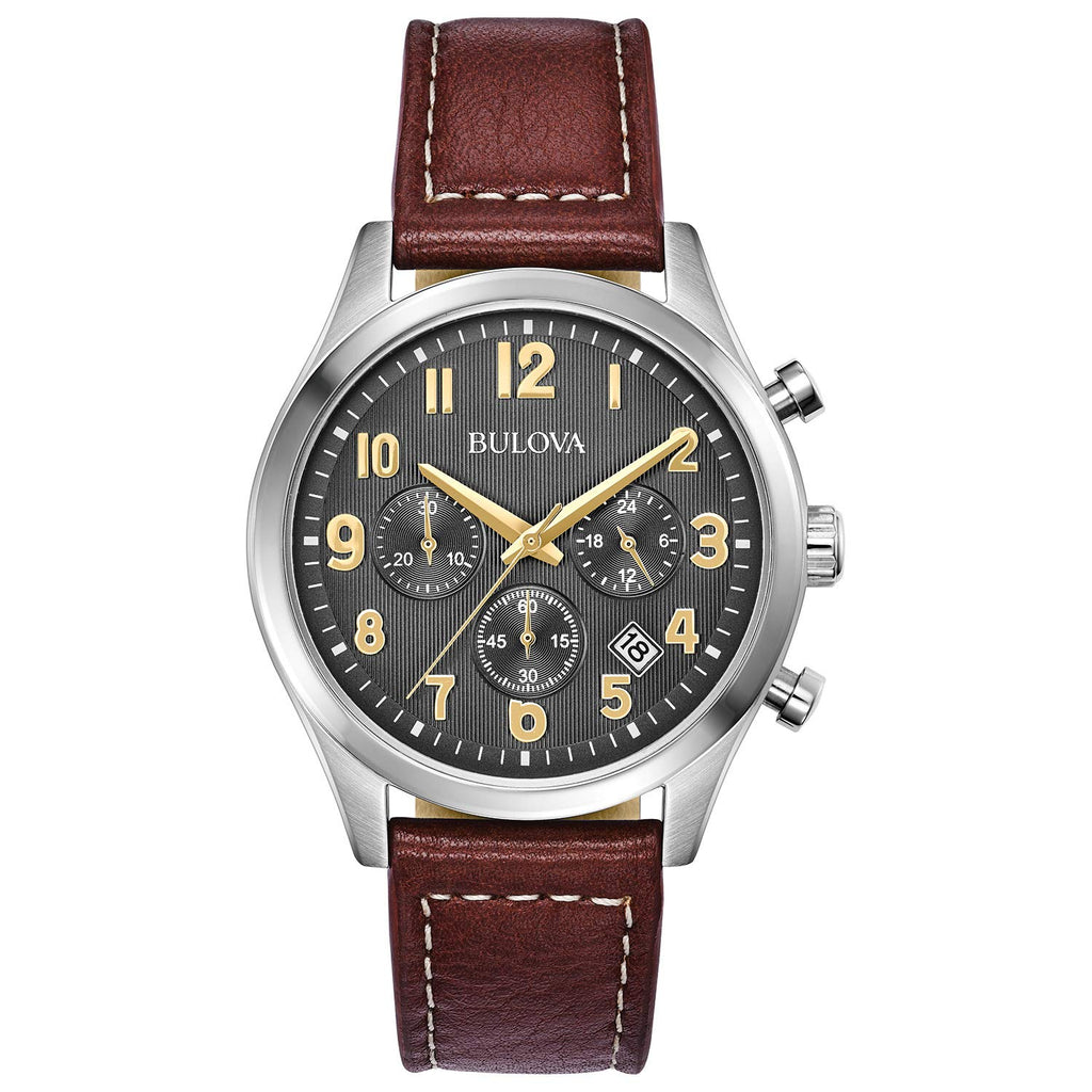 Men's Stainless Steel Chronograph Quartz Leather Strap Watch with Grey Dial, Gold Accents, 41mm G8289