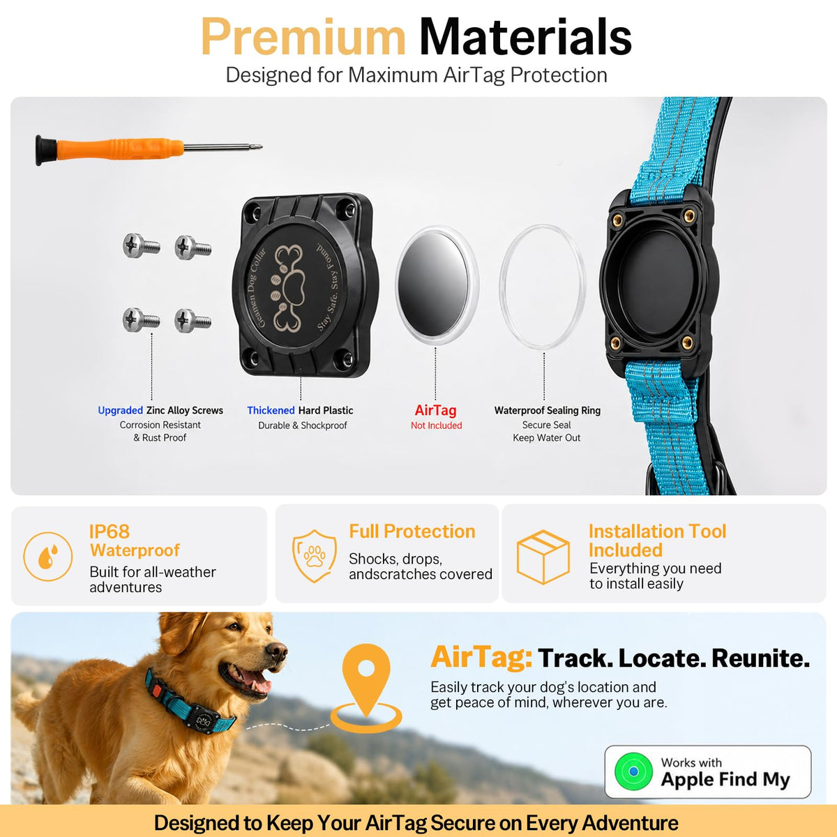 Blue IP68 Waterproof Reflective Dog Collar with AirTag Holder D298