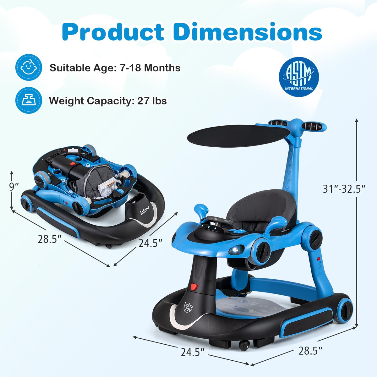 Foldable Adjustable Baby Walker with Wheels Y250