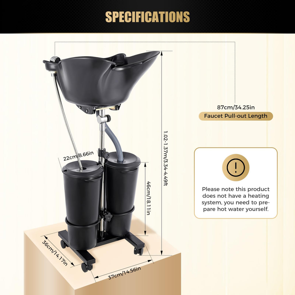 Portable Shampoo Bowl with Electric Pump, Adjustable Height, 2 Buckets, Black H2136