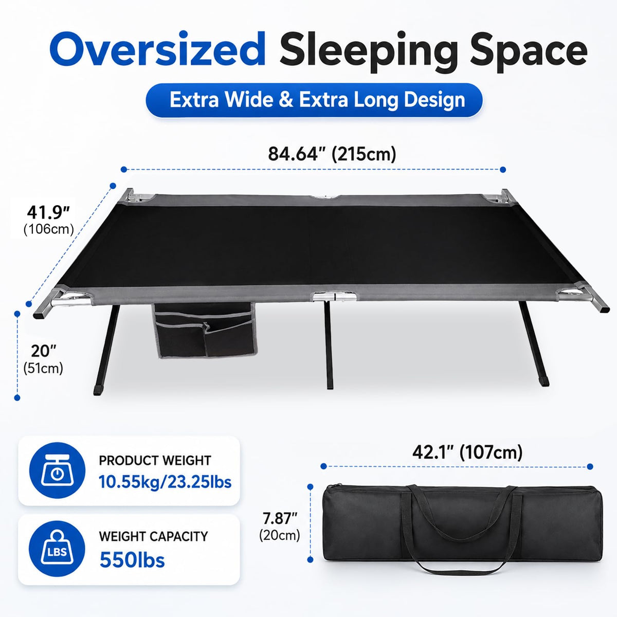 42" Extra Wide Heavy Duty Folding Cot Bed with Carry Bag D88287