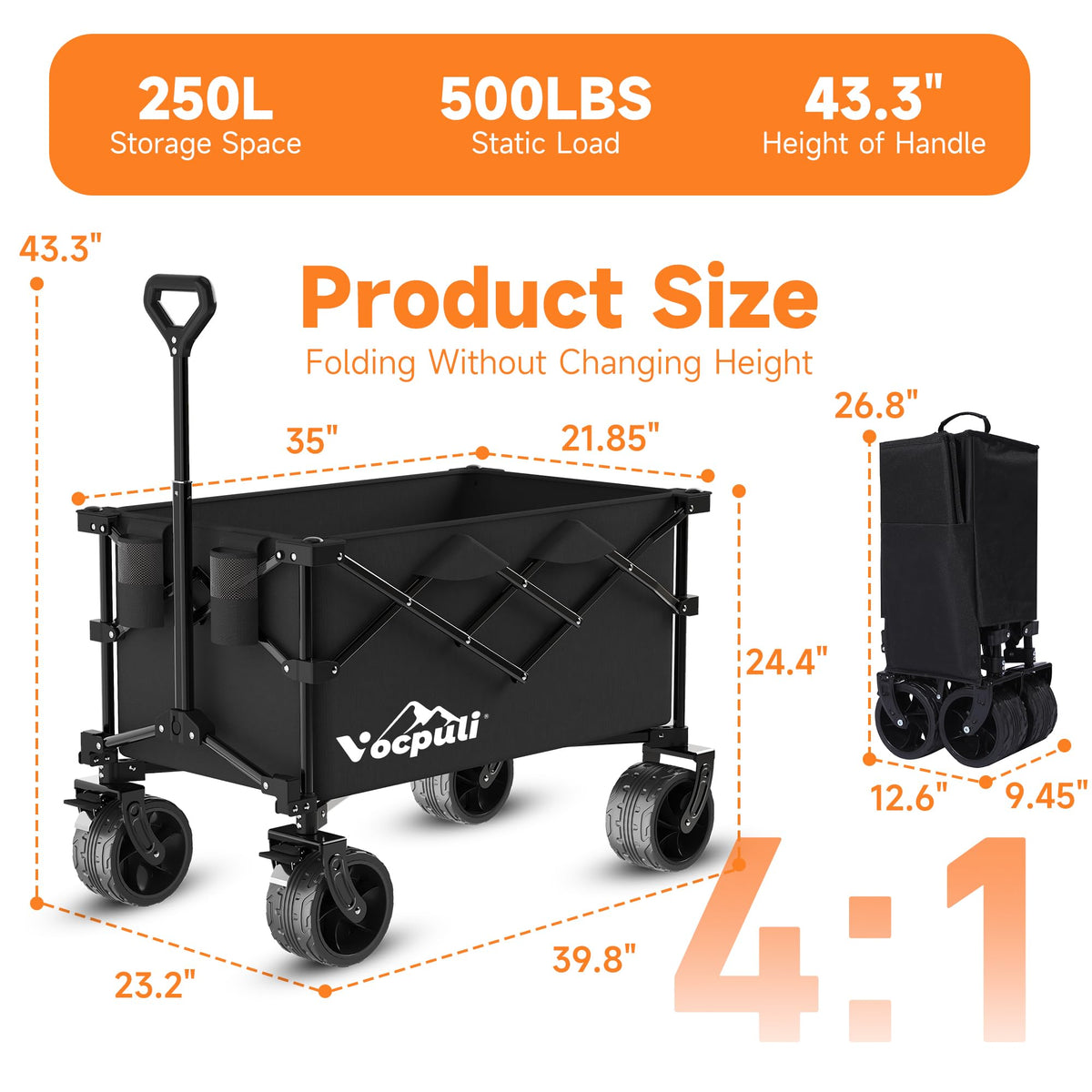 40" Black Collapsible Wagon Cart 500lbs 250L Y3003