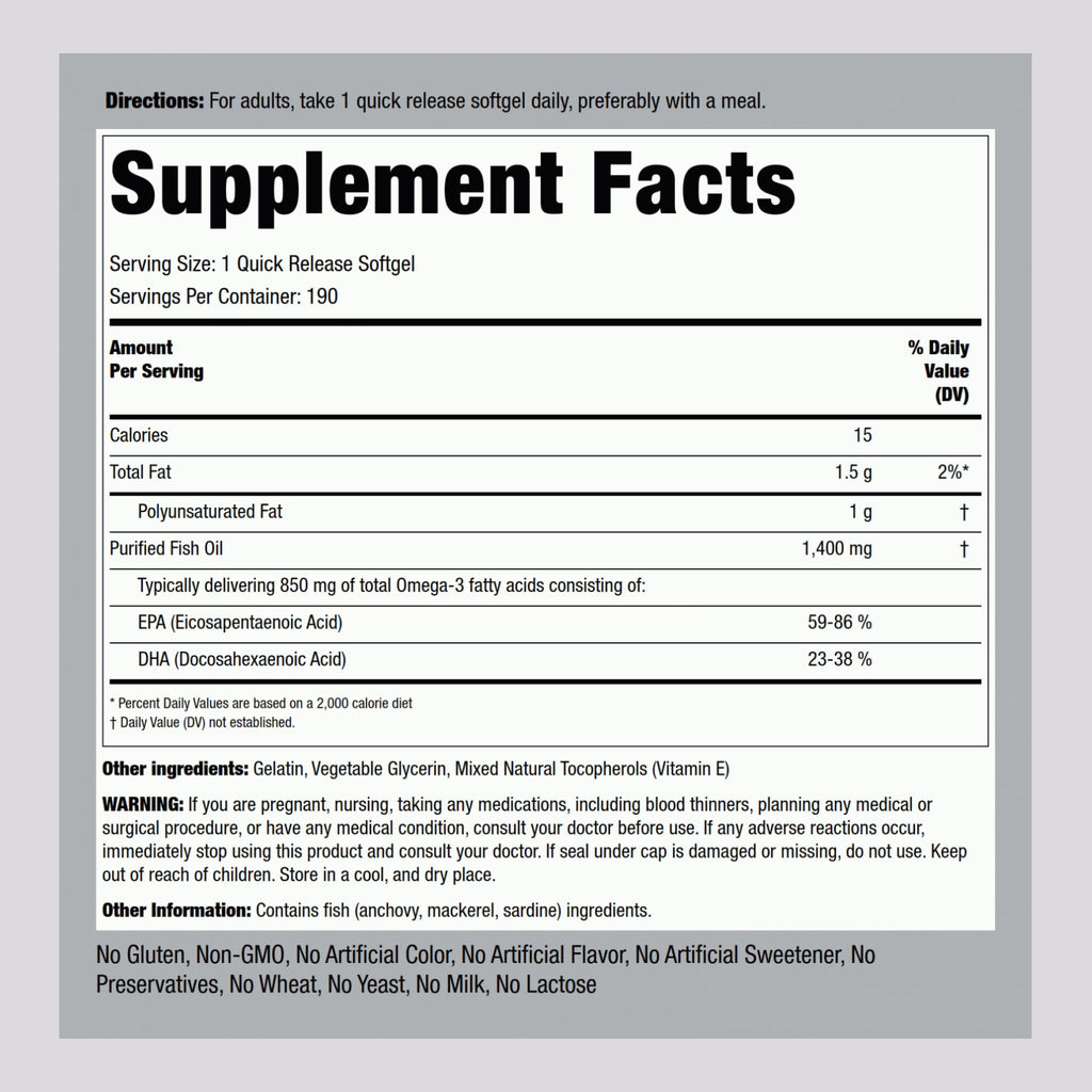 Fish Oil Omega 3 1400 mg 190 Softgels L979