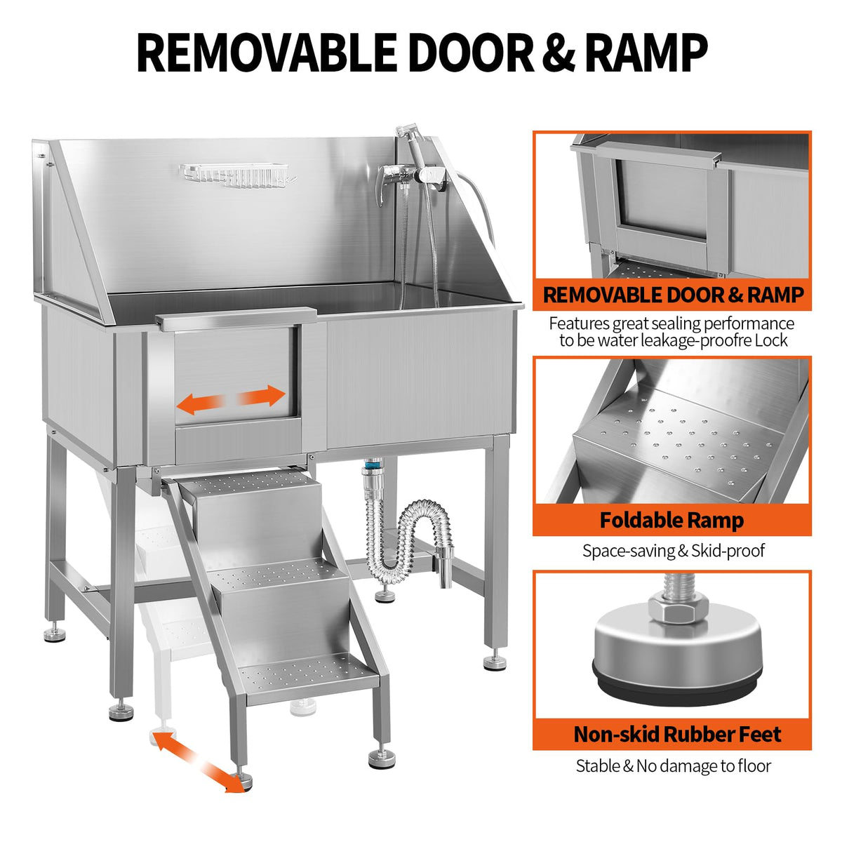 38" Stainless Steel Dog Washing Station with Stairs, Drain & Door T783