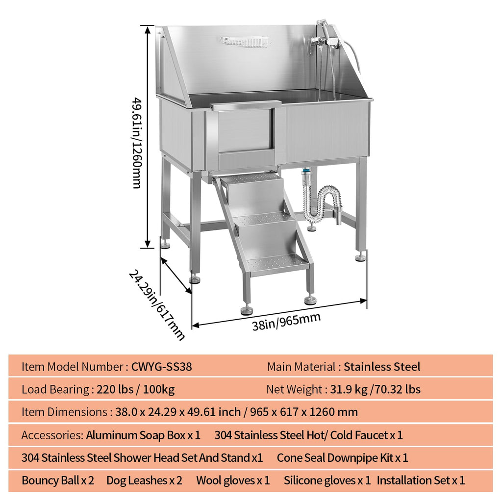 38" Stainless Steel Dog Washing Station with Stairs, Drain & Door T783