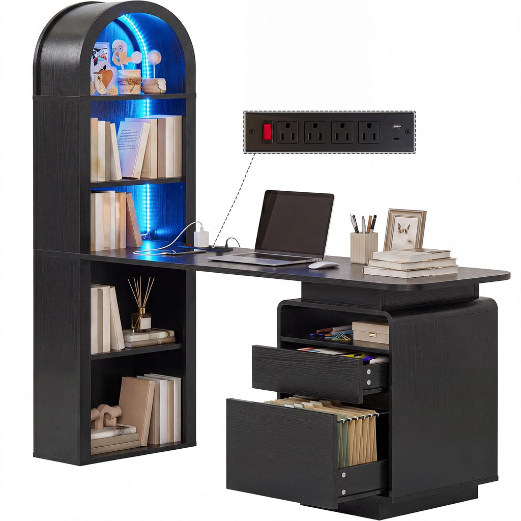 59" Computer Desk with LED Lights & Power Outlets, Black R876275