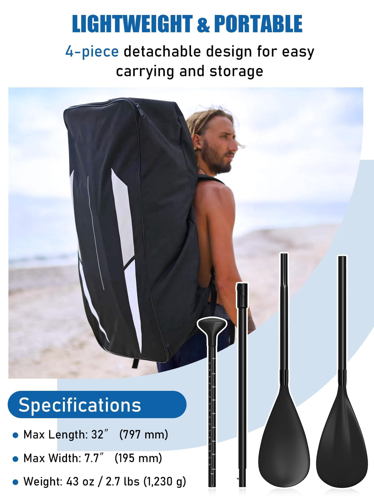 4 Piece Carbon Aluminium Adjustable SUP Paddle 67"-83" C4977