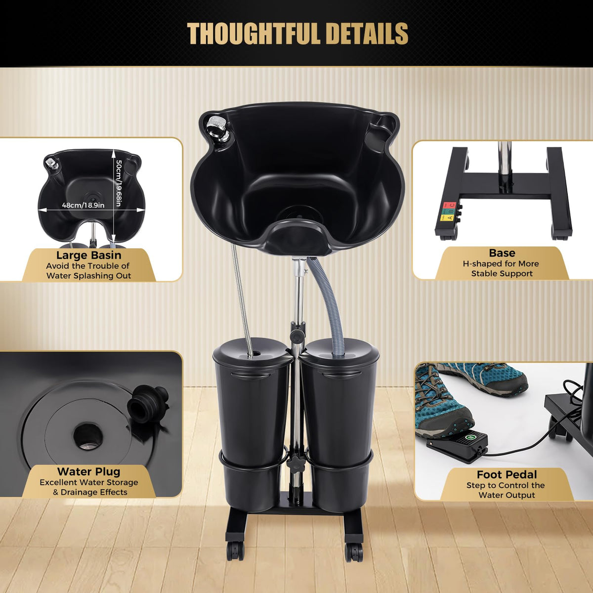 Portable Shampoo Bowl with Electric Pump, Adjustable Height, 2 Buckets, Black H2136