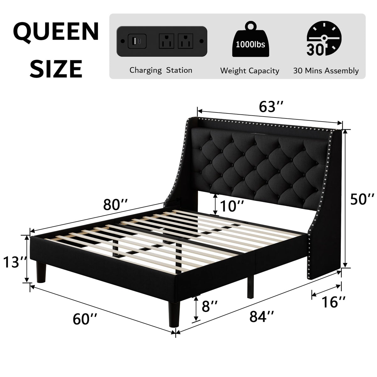 Queen Upholstered Platform Bed with Storage Headboard, Black F209722