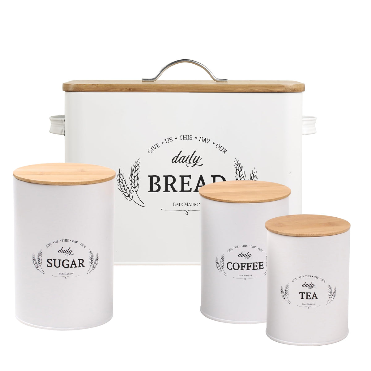 Extra Large White Farmhouse Bread Box with Canisters Set of 3 B4133