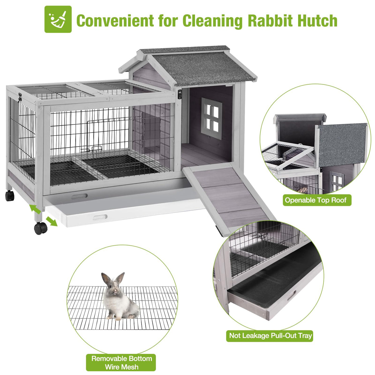 Wooden Rabbit Hutch with Removable Wire Netting and Leak Proof Tray P3482