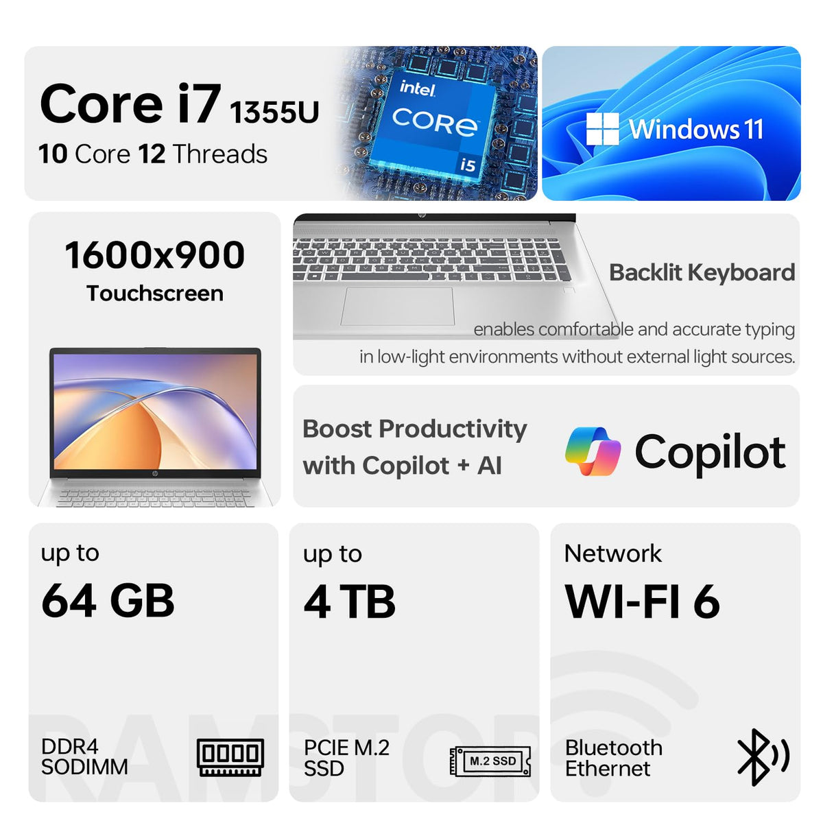 17.3" HD+ Touchscreen Laptop, Intel Core i7, 16GB RAM, 512GB SSD, Silver I738