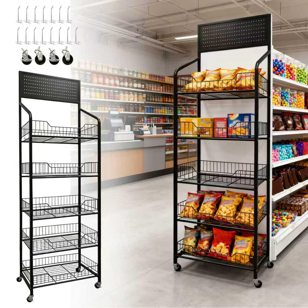 5 Tier Metal Candy Display Rack with Wheels & 15 Hooks D160641