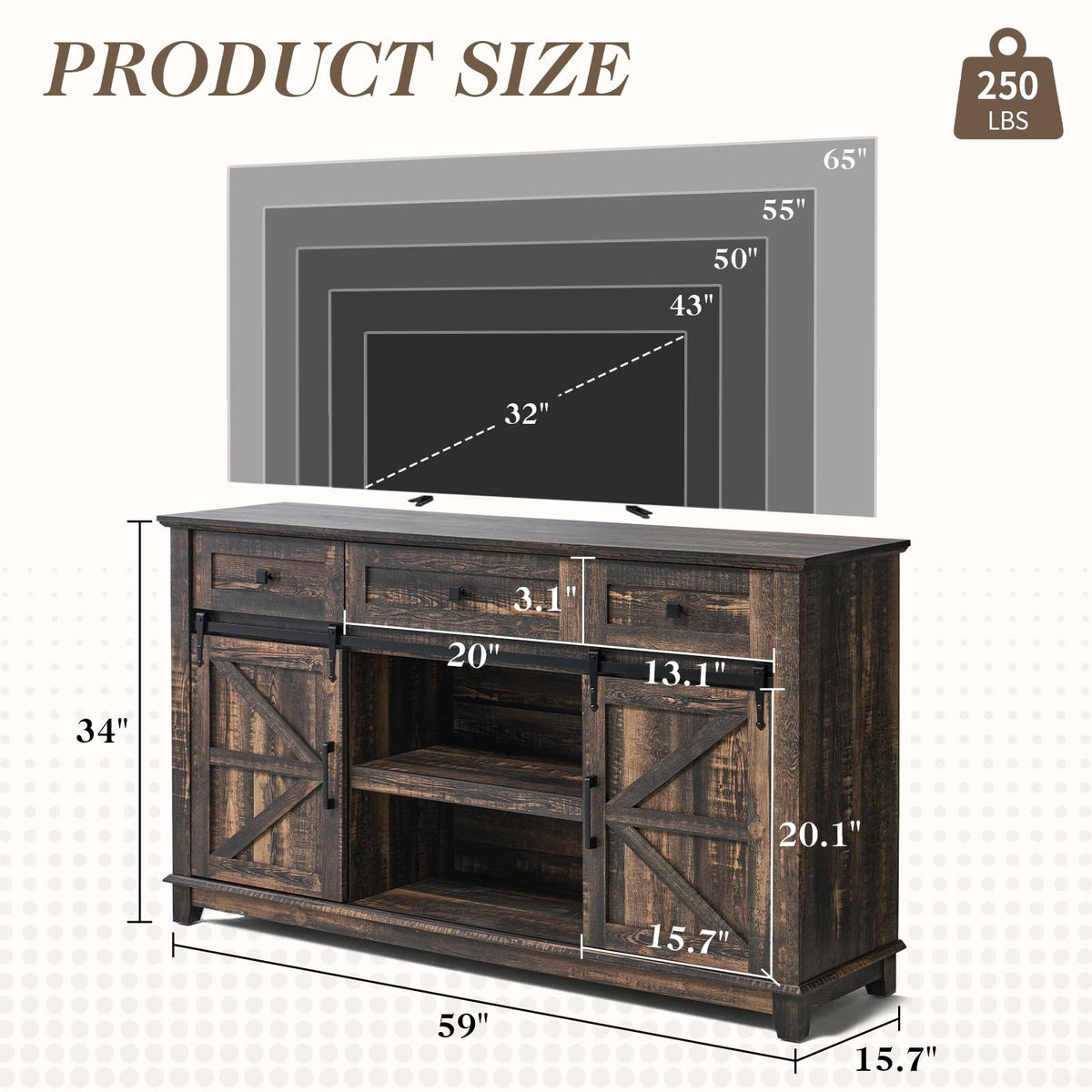 59" Dark Rustic Oak Farmhouse TV Stand with Storage Drawers L1682