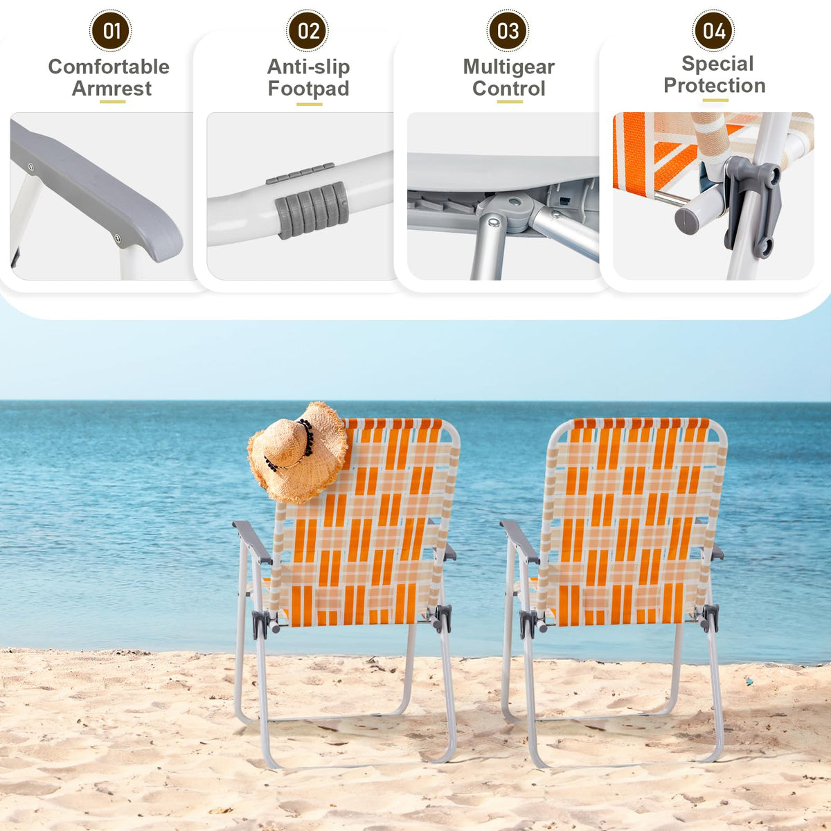 Orange & White Set of 2 Webbed Folding Beach Chairs X275