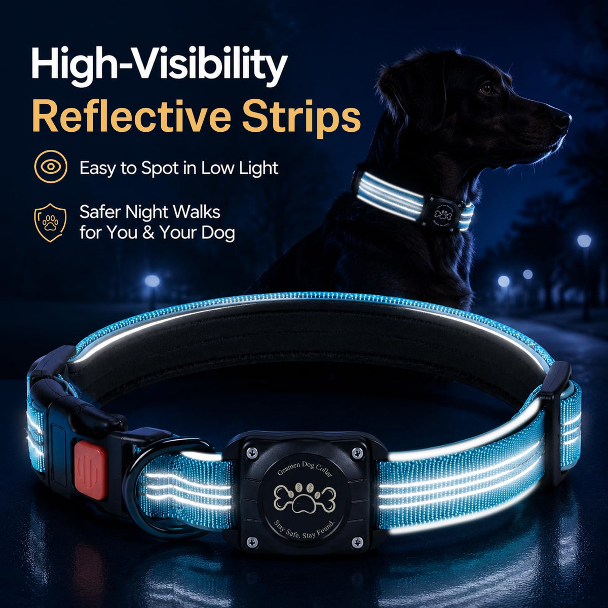 Blue IP68 Waterproof Reflective Dog Collar with AirTag Holder D298