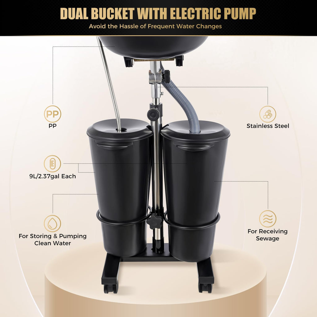Portable Shampoo Bowl with Electric Pump, Adjustable Height, 2 Buckets, Black H2136