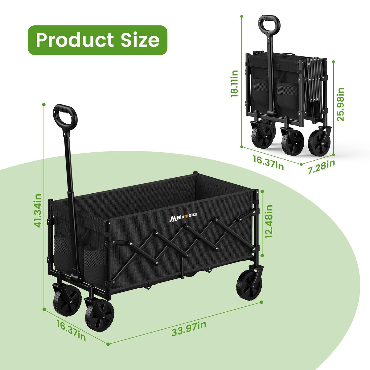 35" Extra Long Folding Wagon with Adjustable Handle & Wheels, Black T7816