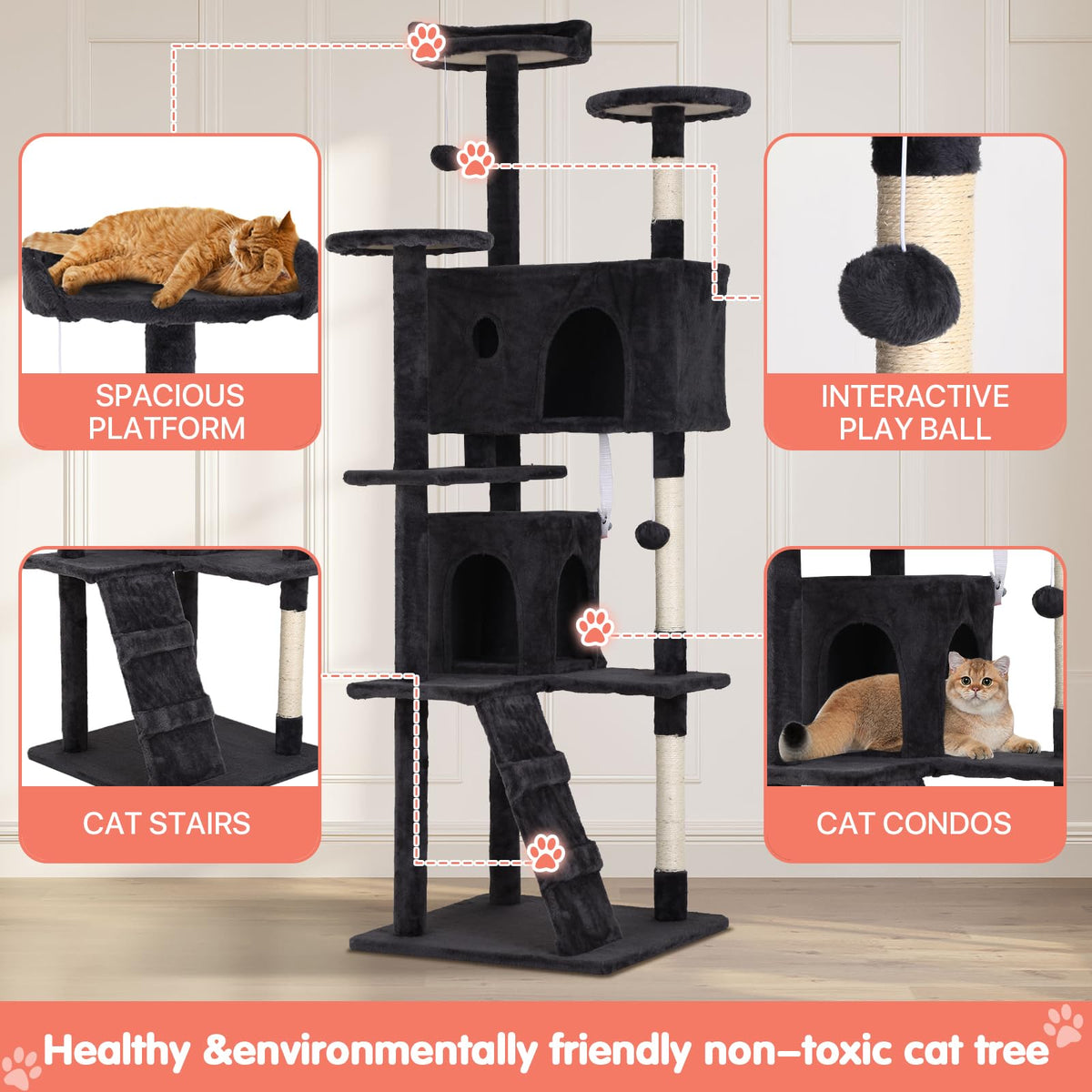 Dark Grey Multi-Level Cat Tree with Scratching Post Q3220