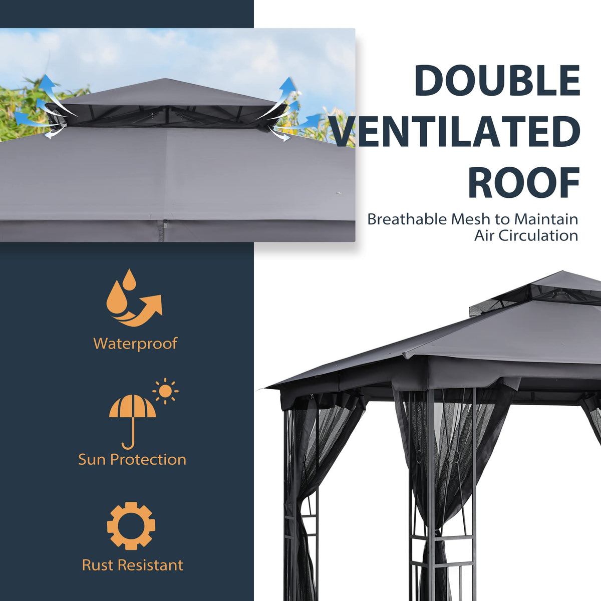 10' X 12' Outdoor Patio Gazebo with Double Roof and Mosquito Netting U8290