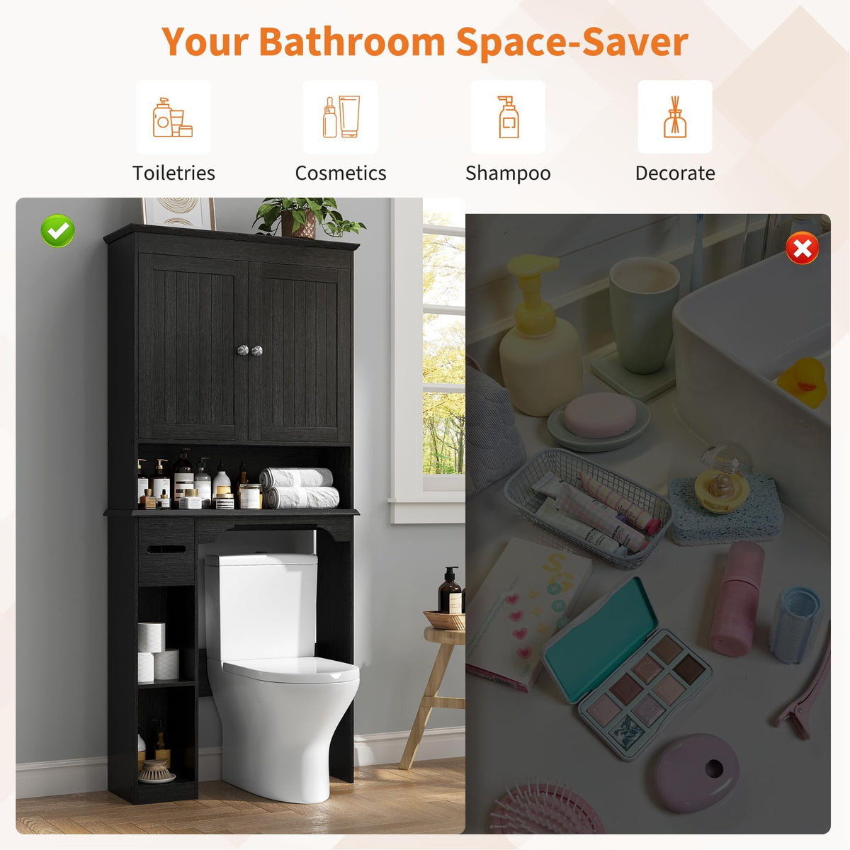 30" Over Toilet Storage Cabinet with Toilet Paper Box, Black T340