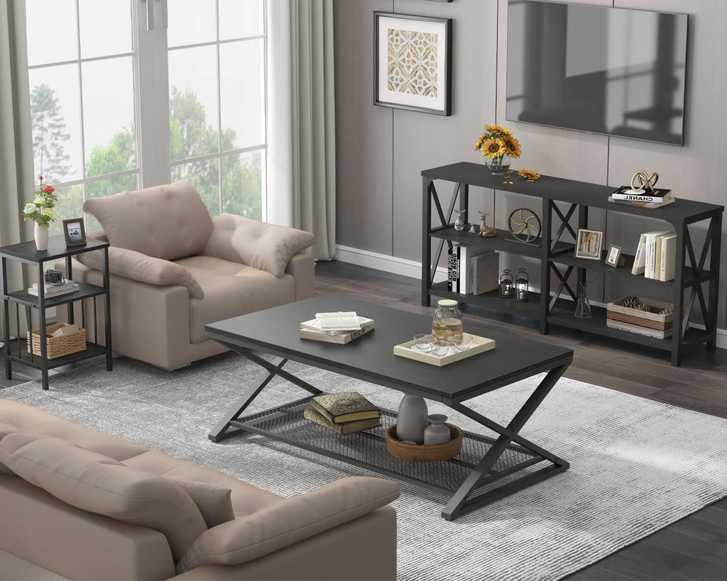 Black 2 Tier Wood Coffee Table with Storage Q46522
