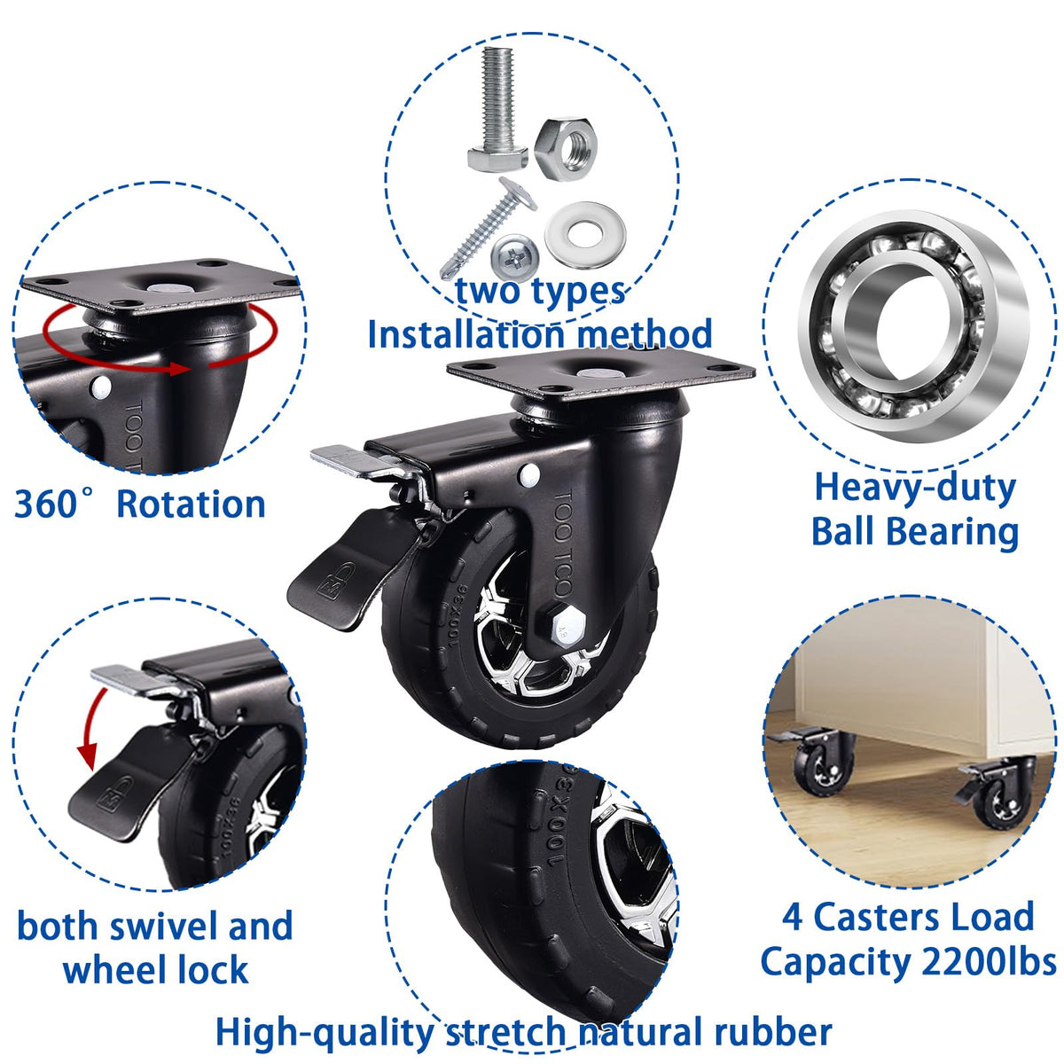 4 Inch Heavy Duty Rubber Caster Wheels Set of 4 with Locking Z15684