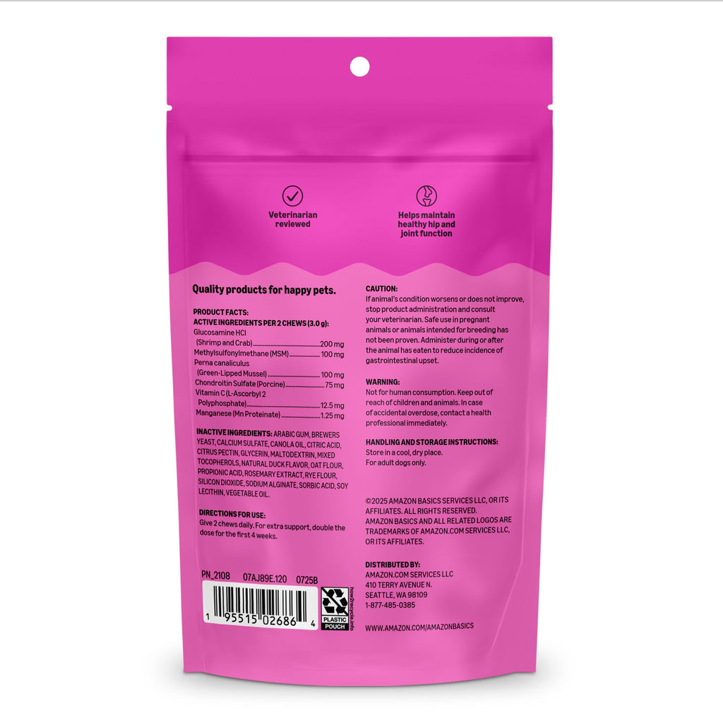Dog Hip & Joint Supplement Chews with Glucosamine, MSM, Vitamin C, Duck Flavored, 120 Count Y91588