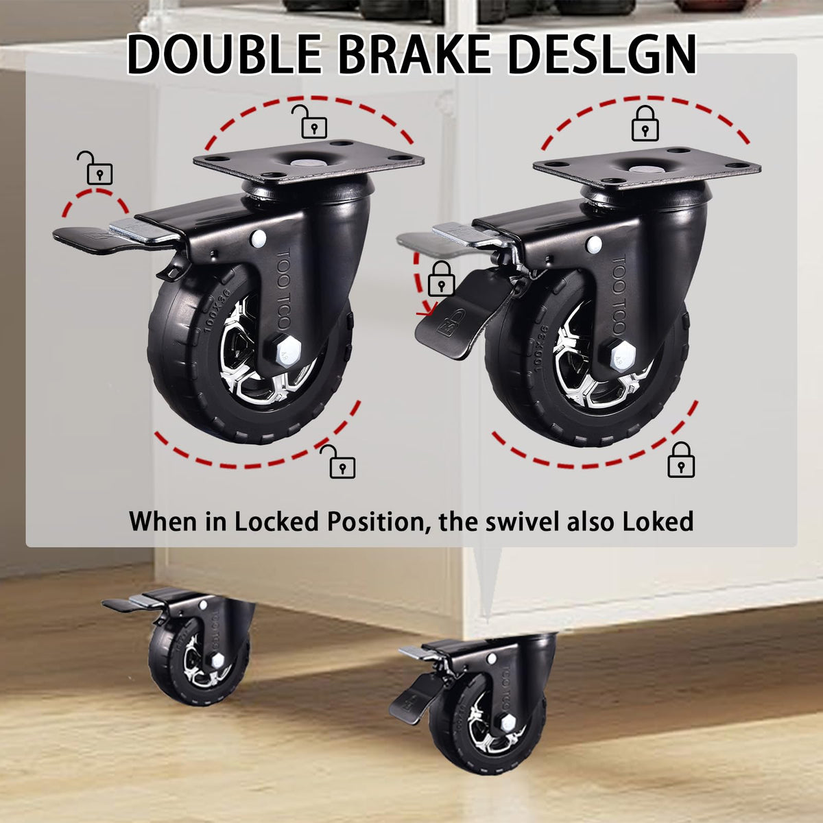 4 Inch Heavy Duty Rubber Caster Wheels Set of 4 with Locking Z15684