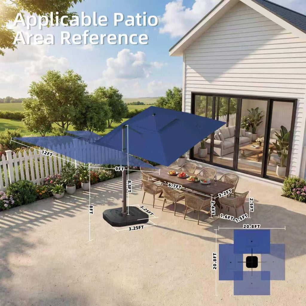 9' X 12' Patio Cantilever Umbrella with Base and LED Lights H850065