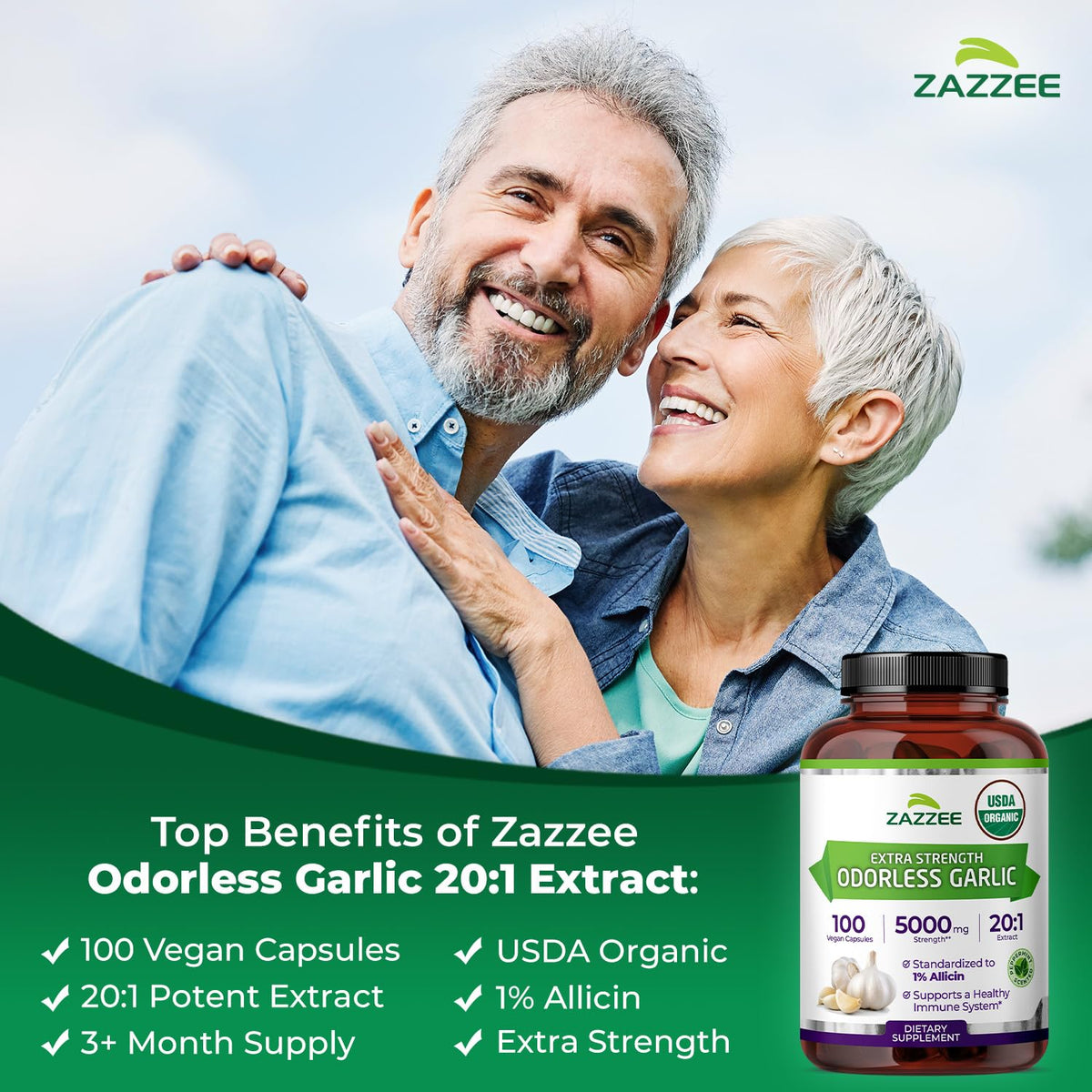 USDA Organic Odorless Garlic 20:1 Extract 100 Capsules B2230
