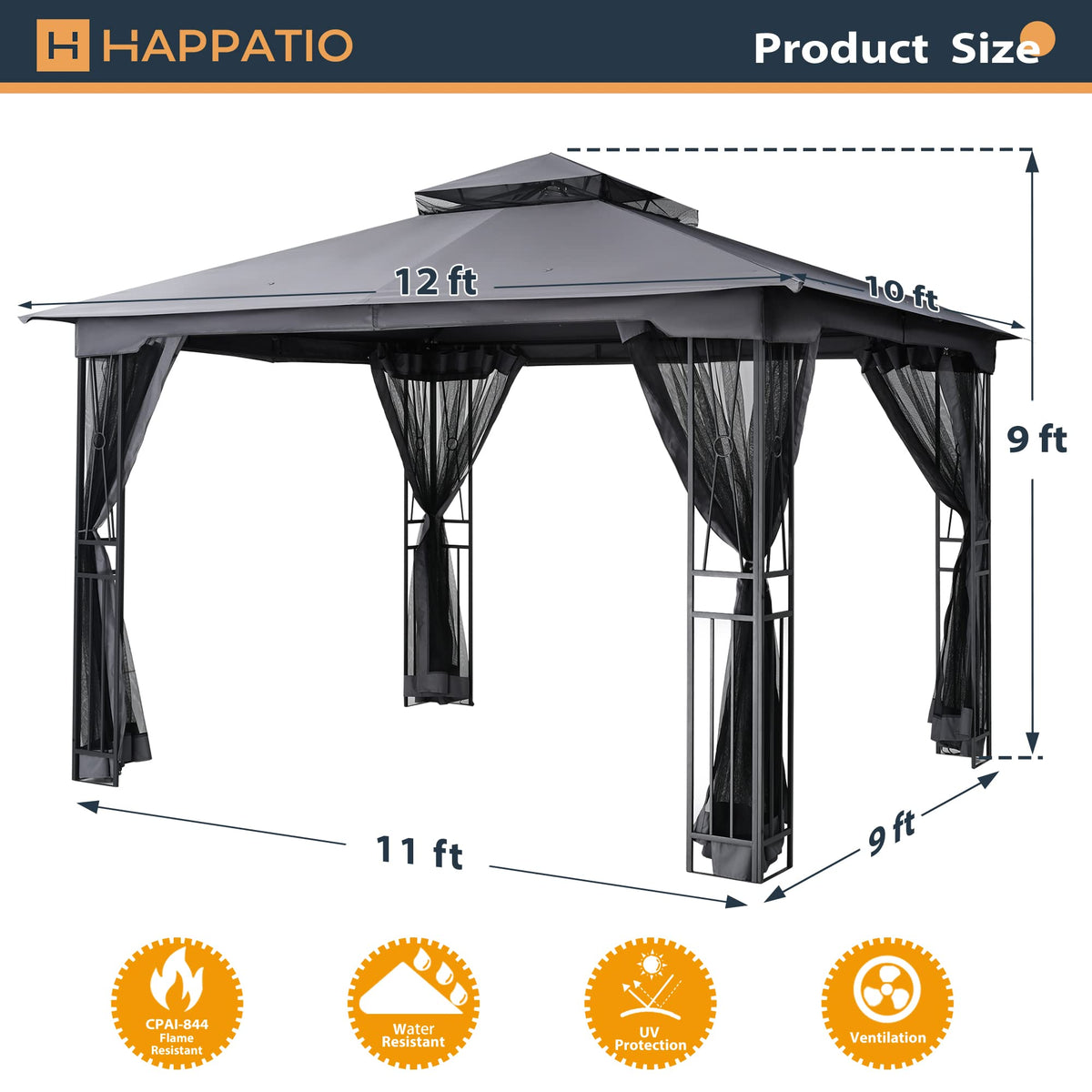 10' X 12' Outdoor Patio Gazebo with Double Roof and Mosquito Netting U8290