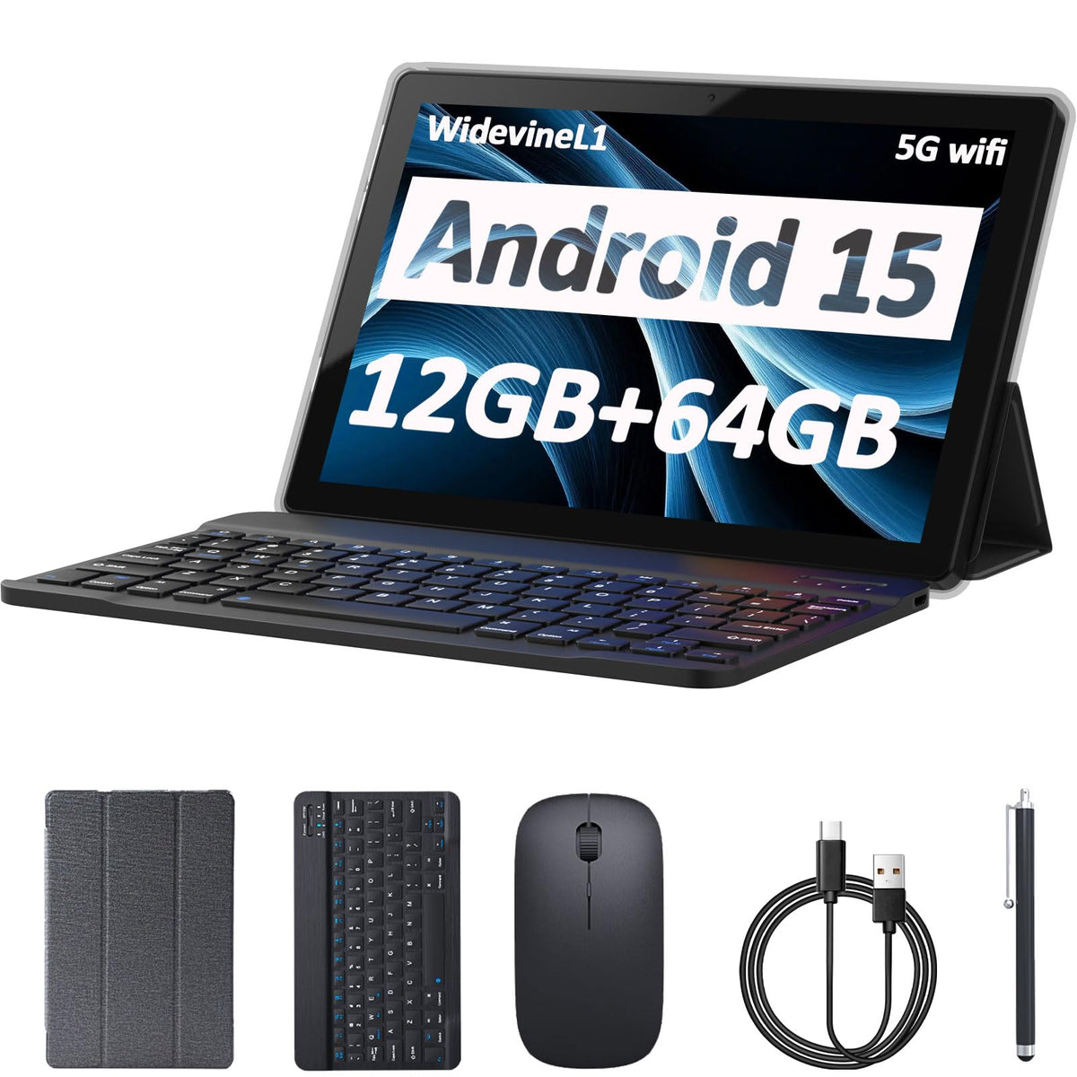 Android 15 Tablet 10 Inch 12GB RAM 64GB ROM 2 in 1 with Keyboard Case Mouse Stylus L867