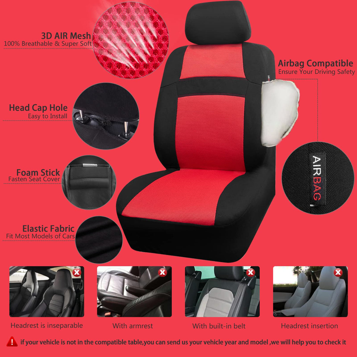 3D Air Mesh Car Seat Covers Full Sets with 4Pcs Floor Mats and Steering Wheel Cover Black Red I6812
