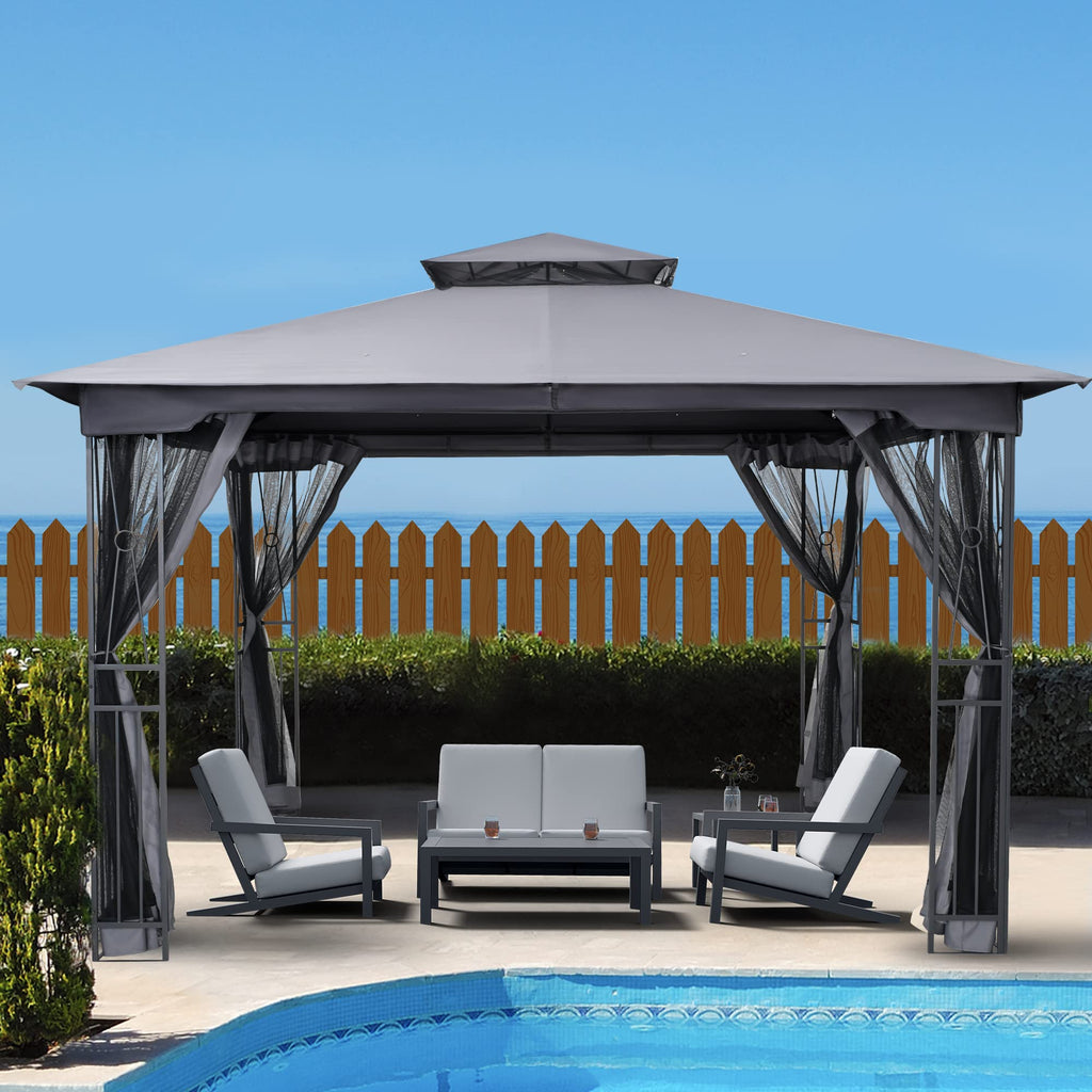 10' X 12' Outdoor Patio Gazebo with Double Roof and Mosquito Netting U8290
