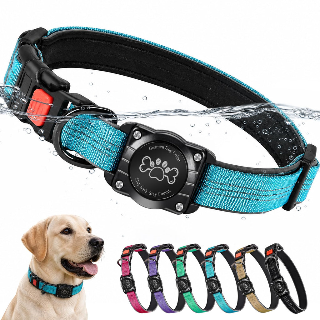 Blue IP68 Waterproof Reflective Dog Collar with AirTag Holder D298